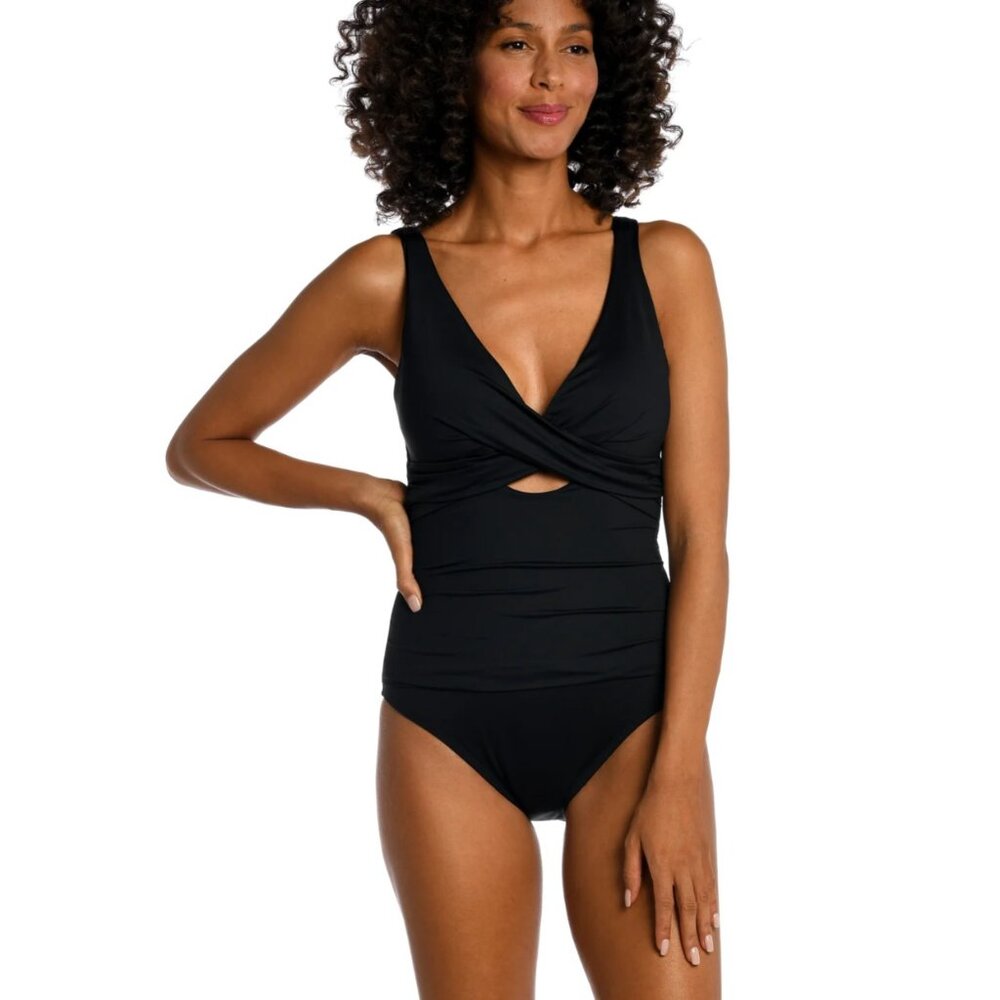La Blanca Cross Front Keyhole Cutout One-Piece Swimsuit - Size 14 - Black